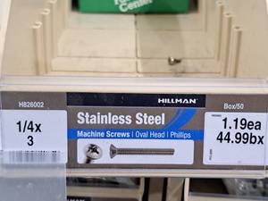 lot 414 image: Lot of (95) Hillman Stainless Steel Machine Screws 14x3  Oval Head  Phillips Drive #H826002