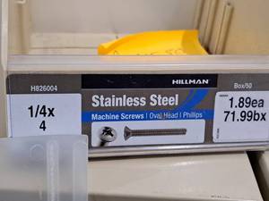 lot 416 image: Lot of (24) Hillman Stainless Steel Machine Screws 14x4  Oval Head  Phillips Drive #H826004