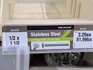 lot 418 image: Lot of (21) Hillman Stainless Steel Carriage Bolts 12x1-12  Round Head #H832660