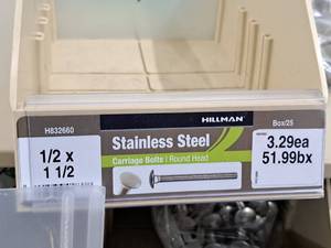 lot 419 image: Lot of (25) Hillman Stainless Steel Carriage Bolts 12x1-12  Round Head #H832660