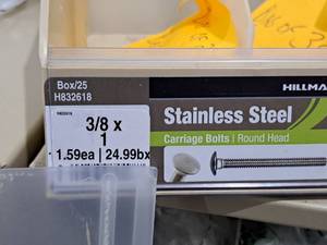 lot 421 image: Lot of (25) Hillman Stainless Steel Carriage Bolts 38x1  Round Head #H832618