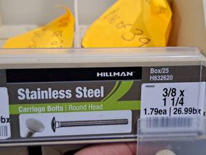 lot 422 image: Lot of (39) Hillman Stainless Steel Carriage Bolts 38x1-14  Round Head #H832620