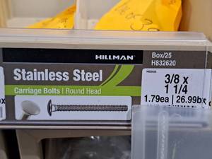 lot 423 image: Lot of (25) Hillman Stainless Steel Carriage Bolts 38x1-14  Round Head #H832620