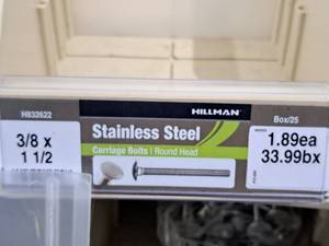 lot 424 image: Lot of (40) Hillman Stainless Steel Carriage Bolts 38x1-12  Round Head #H832622