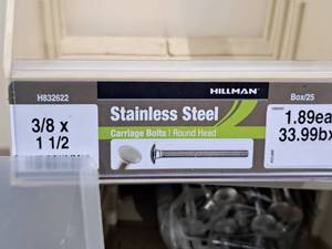 lot 425 image: Lot of (25) Hillman Stainless Steel Carriage Bolts 38x1-12  Round Head #H832622