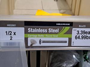 lot 426 image: Lot of (22) Hillman Stainless Steel Carriage Bolts 12x2  Round Head #H832661