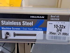 lot 453 image: Lot of (125) Hillman Stainless Steel Machine Screws 10-32x34  Oval Head  Phillips Drive #H825936