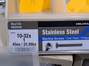 lot 455 image: Lot of (125) Hillman Stainless Steel Machine Screws 10-32x1  Oval Head  Phillips Drive #H825938