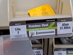 lot 466 image: Lot of (125) Hillman Stainless Steel Carriage Bolts 14x2  Round Head #H832518