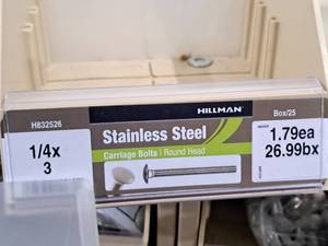 lot 474 image: Lot of (50) Hillman Stainless Steel Carriage Bolts 14x3  Round Head #H832526