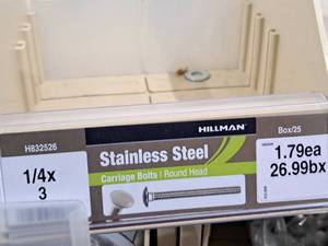 lot 475 image: Lot of (25) Hillman Stainless Steel Carriage Bolts 14x3  Round Head #H832526