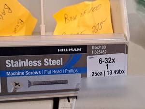 lot 484 image: Lot of (325) Hillman Stainless Steel Machine Screws 6-32x1  Flat Head  Phillips Drive #H825452