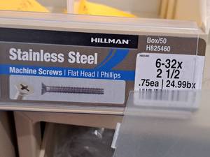 lot 492 image: Lot of (65) Hillman Stainless Steel Machine Screws 6-32x2-12  Flat Head  Phillips Drive #H825460