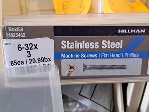 lot 494 image: Lot of (47) Hillman Stainless Steel Machine Screws 6-32x3  Flat Head  Phillips Drive #H825462