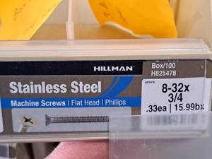 lot 501 image: Lot of (200) Hillman Stainless Steel Machine Screws 8-32x34  Flat Head  Phillips Drive #H825478