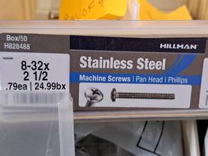 lot 510 image: Lot of (45) Hillman Stainless Steel Machine Screws 8-32x2-12  Flat Head  Phillips Drive #H828488