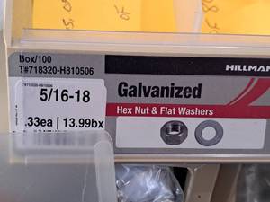 lot 514 image: Lot of (300) Hillman Galvanized Hex Nut & Flat Washer #H810506