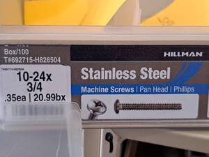 lot 518 image: Lot of (265) Hillman Stainless Steel Machine Screws 10-24x34  Pan Head  Phillips Drive #H828504
