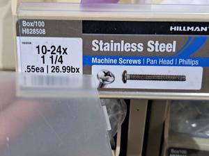lot 521 image: Lot of (100) Hillman Stainless Steel Machine Screws 10-24x1-14  Pan Head  Phillips Drive #H828508