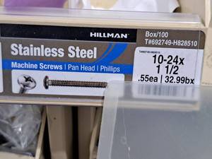 lot 523 image: Lot of (80) Hillman Stainless Steel Machine Screws 10-24x1-12  Pan Head  Phillips Drive #H828510