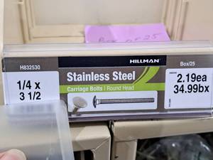 lot 525 image: Lot of (37) Hillman Stainless Steel Carriage Bolts 14x3-12  Round Head #H832530