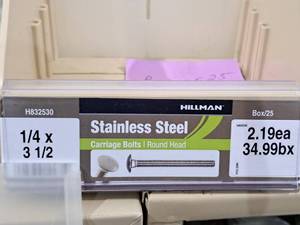 lot 526 image: Lot of (25) Hillman Stainless Steel Carriage Bolts 14x3-12  Round Head #H832530