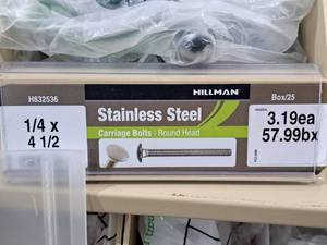 lot 533 image: Lot of (60) Hillman Stainless Steel Carriage Bolts 14x4-12  Round Head #H832536