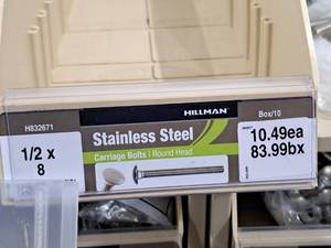 lot 536 image: Lot of (7) Hillman Stainless Steel Carriage Bolts 12x8  Round Head #H832671