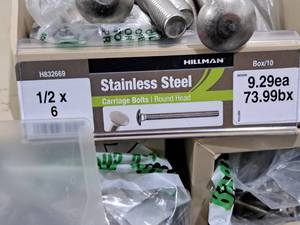 lot 541 image: Lot of (10) Hillman Stainless Steel Carriage Bolts 12x6  Round Head #H832669