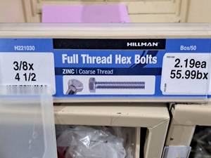 lot 540A image: Lot of (67) Hillman Zinc Full Thread Bolts 38x4-12  Hex Head  Coarse Thread #H221030