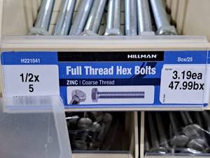 lot 543 image: Lot of (8) Hillman Zinc Full Thread Bolts 12x5  Hex Head  Coarse Thread #H221041