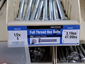 lot 544 image: Lot of (25) Hillman Zinc Full Thread Bolts 12x5  Hex Head  Coarse Thread #H221041