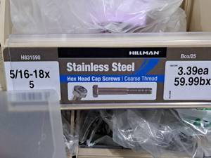 lot 547 image: Lot of (22) Hillman Stainless Steel Cap Screws 516-18x5  Hex Head  Coarse Thread #H831590