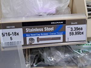 lot 548 image: Lot of (25) Hillman Stainless Steel Cap Screws 516-18x5  Hex Head  Coarse Thread #H831590