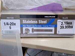 lot 550 image: Lot of (25) Hillman Stainless Steel Cap Screws 14-20x5  Hex Head  Coarse Thread #H831538