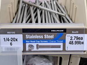 lot 551 image: Lot of (31) Hillman Stainless Steel Cap Screws 14-20x6  Hex Head  Coarse Thread #H831542