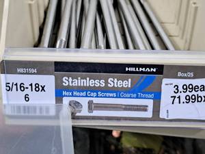 lot 552 image: Lot of (20) Hillman Stainless Steel Cap Screws 516-18x6  Hex Head  Coarse Thread #H831594