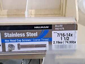 lot 555 image: Lot of (30) Hillman Stainless Steel Cap Screws 716-14x1-12  Hex Head  Coarse Thread #H831676