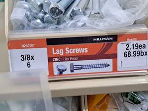 lot 557 image: Lot of (50) Hillman Zinc Lag Screws 38x6  Hex Head #H230107