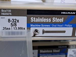 lot 597 image: Lot of (250) Hillman Stainless Steel Machine Screws 8-32x58  Oval Head  Phillips Drive #H825876