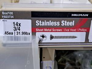 lot 601 image: Lot of (300) Hillman Stainless Steel Sheet Metal Screws 14x34  Oval Head  Phillips Drive #H823734