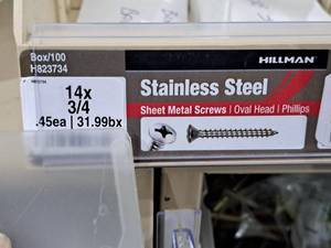 lot 602 image: Lot of (100) Hillman Stainless Steel Sheet Metal Screws 14x34  Oval Head  Phillips Drive #H823734