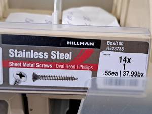 lot 603 image: Lot of (300) Hillman Stainless Steel Sheet Metal Screws 14x1  Oval Head  Phillips Drive #H823738