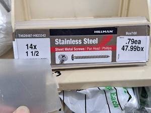 lot 607 image: Lot of (100) Hillman Stainless Steel Sheet Metal Screws 14x1-12  Pan Head  Phillips Drive #H823342