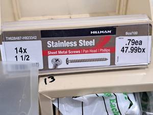 lot 608 image: Lot of (100) Hillman Stainless Steel Sheet Metal Screws 14x1-12  Pan Head  Phillips Drive #H823342