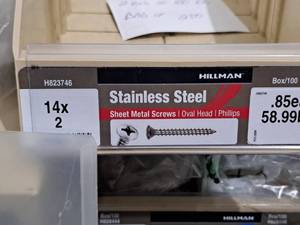 lot 609 image: Lot of (250) Hillman Stainless Steel Sheet Metal Screws 14x2  Oval Head  Phillips Drive #H823746
