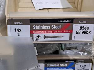 lot 610 image: Lot of (100) Hillman Stainless Steel Sheet Metal Screws 14x2  Oval Head  Phillips Drive #H823746