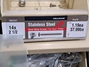 lot 612 image: Lot of (50) Hillman Stainless Steel Sheet Metal Screws 14x2-12  Pan Head  Phillips Drive #H823347