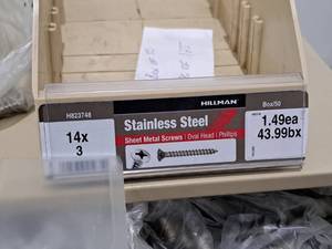lot 613 image: Lot of (125) Hillman Stainless Steel Sheet Metal Screws 14x34  Oval Head  Phillips Drive #H823748