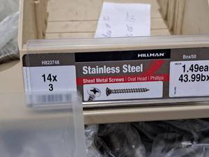 lot 614 image: Lot of (50) Hillman Stainless Steel Sheet Metal Screws 14x34  Oval Head  Phillips Drive #H823748